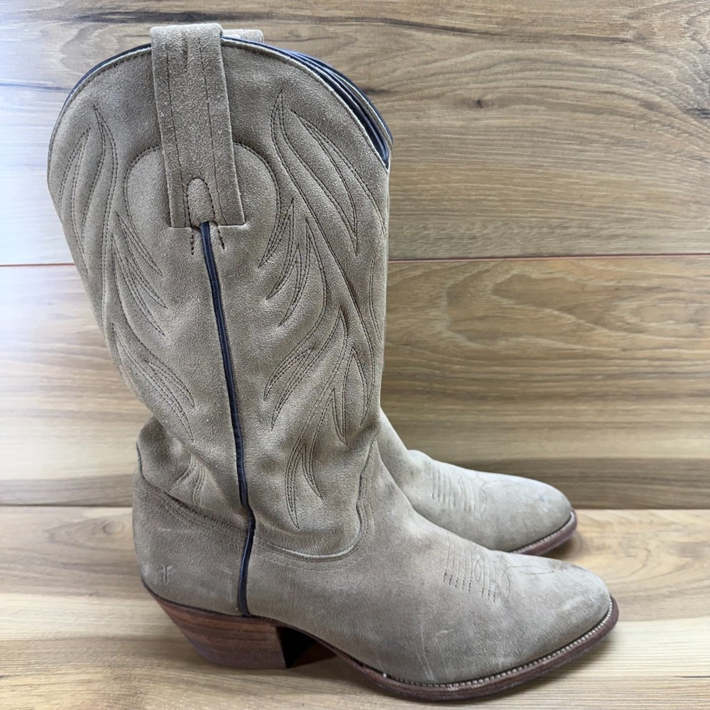 Frye Suede Western Heeled Boots in Taupe - Picture 1 of 11